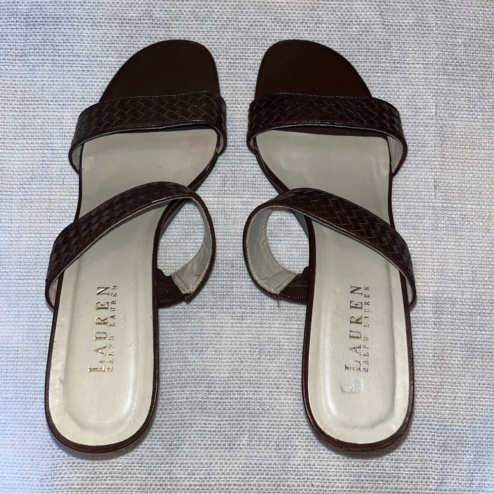 Lauren Ralph Lauren Richelle Dark Brown Leather Wedge Heels Slip On Sandal Size